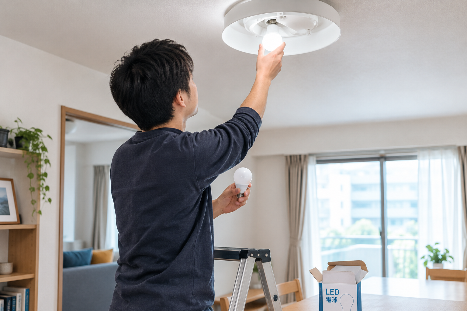 自宅の照明をLED電球に交換しているイメージ