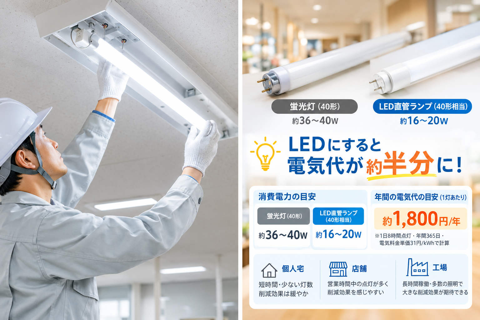 蛍光灯からLED直管ランプへの交換と、消費電力・電気代の違いをまとめたイメージ図