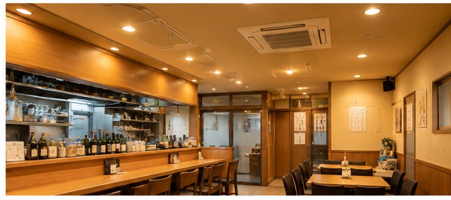 飲食店内の照明が整った様子